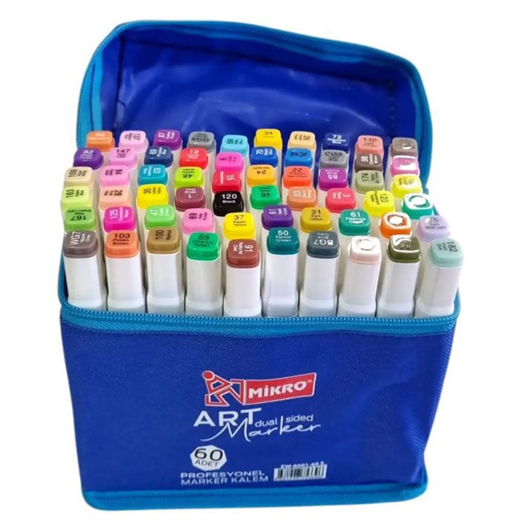 Mikro ZW8001 Art Dual Side Profesyonel Çift Taraflı Marker Kutulu 60 Renk
